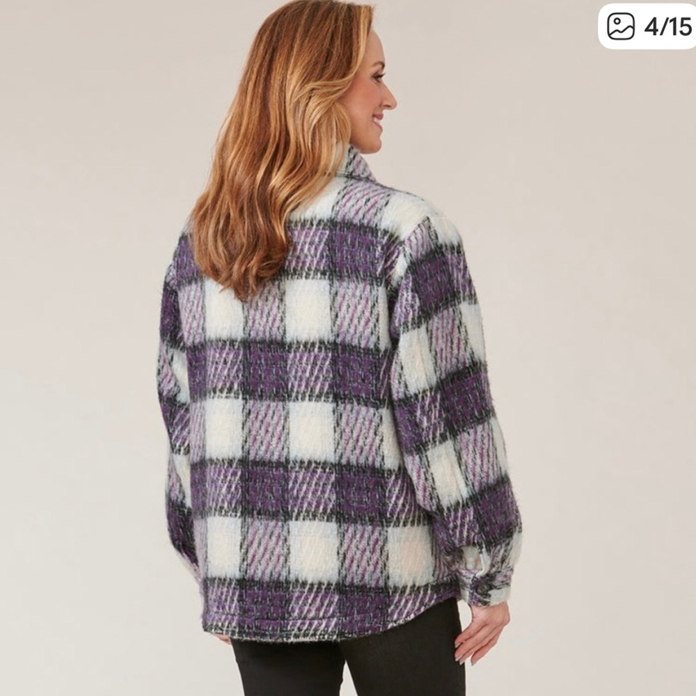 Democracy Long Blouson Sleeve Zip Front Collared Patch Pocket Plaid Jacket XS - Picture 3 of 12